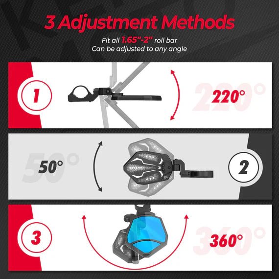 Aluminium RGB UTV Side Mirrors for Can Am Maverick X3/ RZR w/ 1.6" - 2" Roll Bar (1 pair) - 3 Star UTV