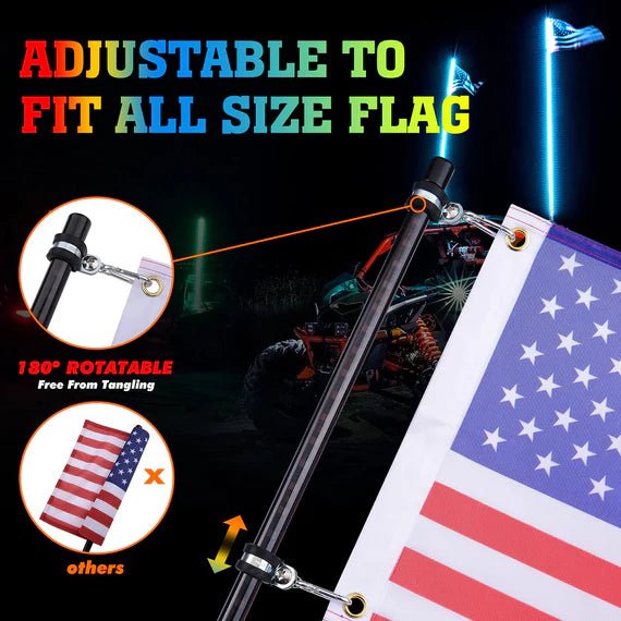 Kemimoto - 4 ft 2 - piece Black Limited LED Whip Lights w/USA Flags with RF Remote Control - 3 Star UTV