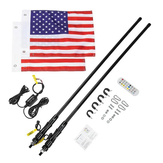 Kemimoto - 4 ft 2 - piece Black Limited LED Whip Lights w/USA Flags with RF Remote Control - 3 Star UTV