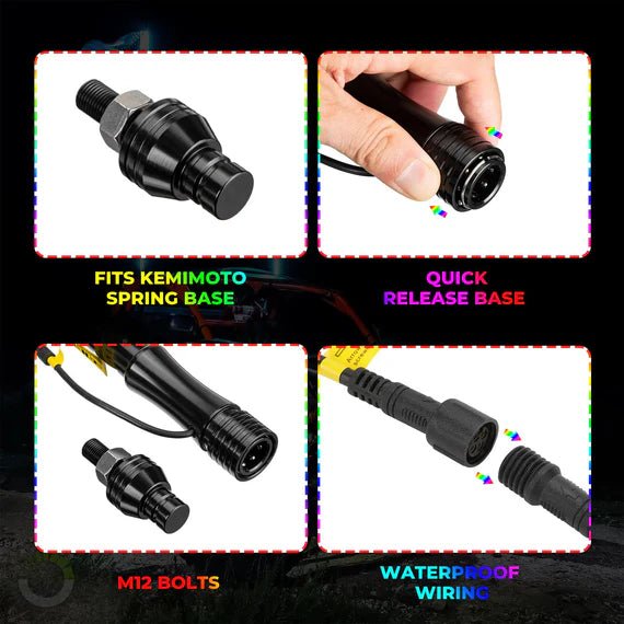 Kemimoto - 4 ft 2 - piece Black Limited LED Whip Lights w/USA Flags with RF Remote Control - 3 Star UTV