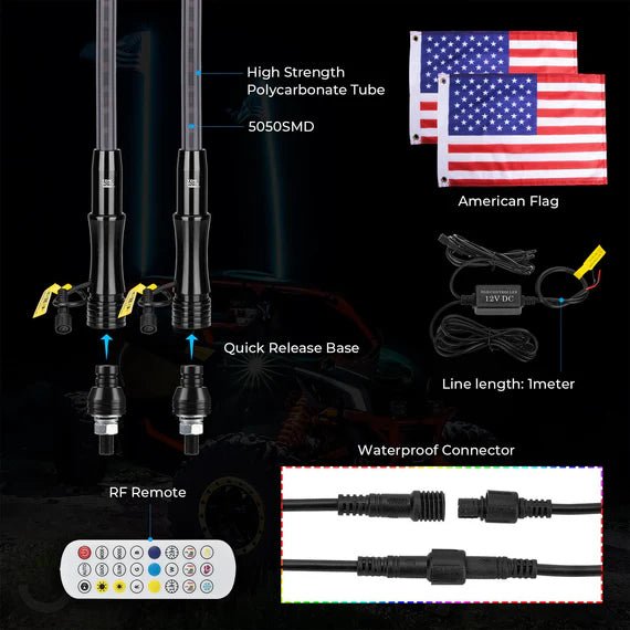Kemimoto - 4 ft 2 - piece Black Limited LED Whip Lights w/USA Flags with RF Remote Control - 3 Star UTV