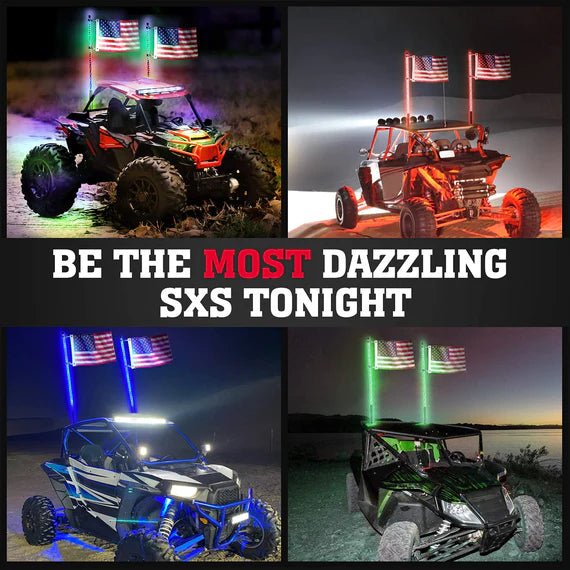 Kemimoto - 5 ft 2 - piece LED Spiral Whip Lights w/USA Flags, Bluetooth Control - 3 Star UTV