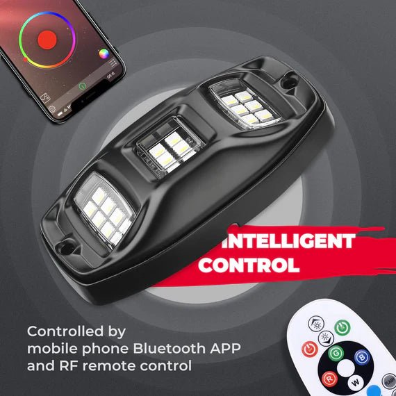 Kemimoto - 5 ft LED Whip Lights w/4 - Pod Rock Light Kit, Bluetooth Control - 3 Star UTV