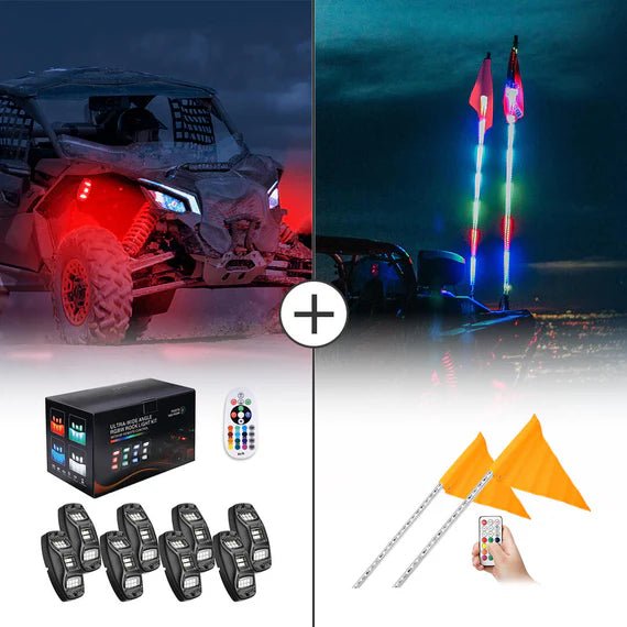 Kemimoto - 5 ft LED Whip Lights w/8 - Pod Rock Light Kit, Bluetooth Control - 3 Star UTV