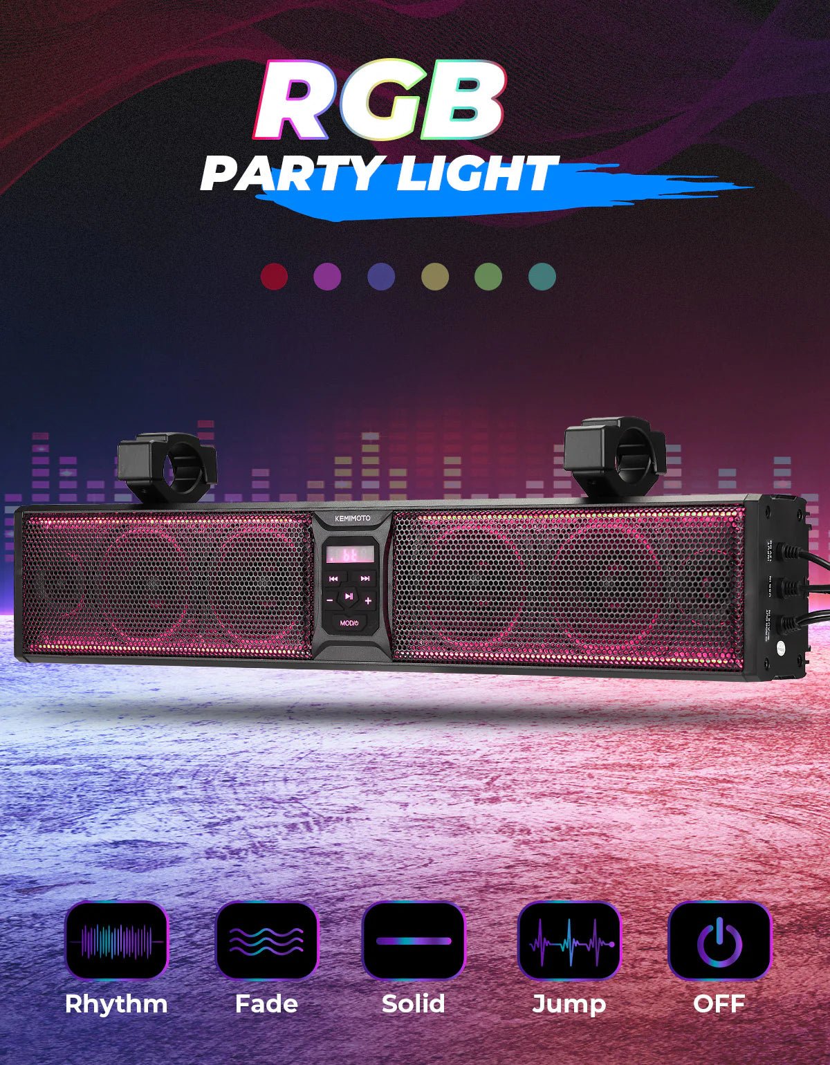 Kemimoto - 6 Speaker 26" RGB Universal Sound Bar for UTVs with 1.75" to 2.25" Roll Bars - 3 Star UTV