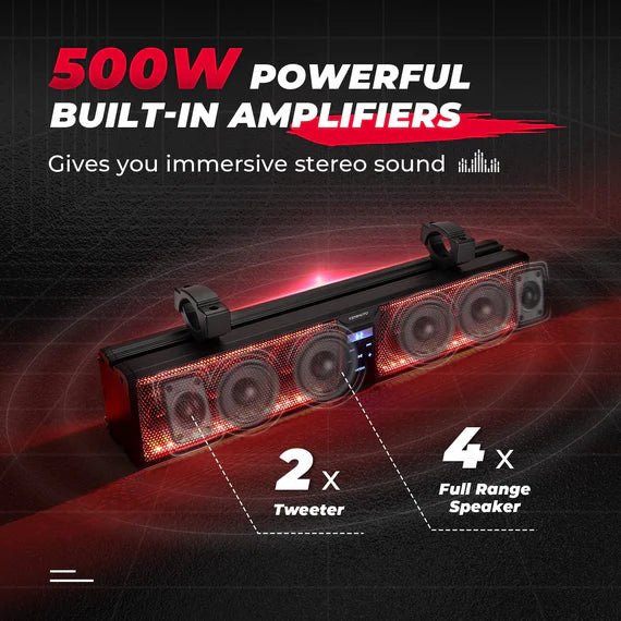 Kemimoto - 6 Speaker 26" RGB Universal Sound Bar for UTVs with 1.75" to 2.25" Roll Bars - 3 Star UTV