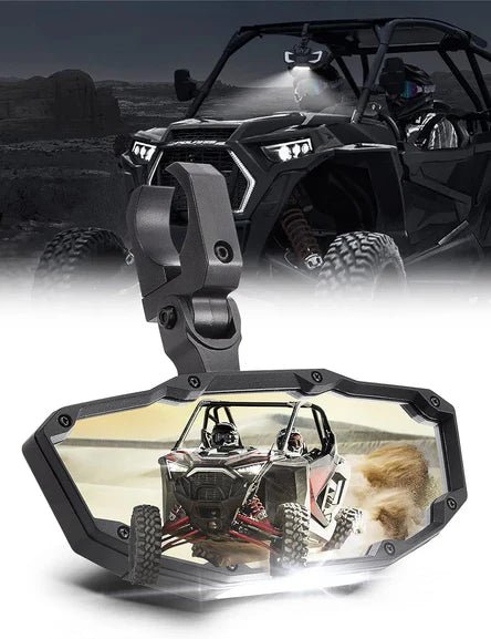 Rear View Mirror with Light Built - in Rechargeable Battery for 1.65" - 2" Roll Bar - 3 Star UTV