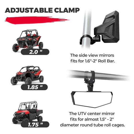UTV Side Mirrors and Center Mirror for Can Am Maverick X3/ RZR w/ 1.6" - 2" Roll Bar - 3 Star UTV