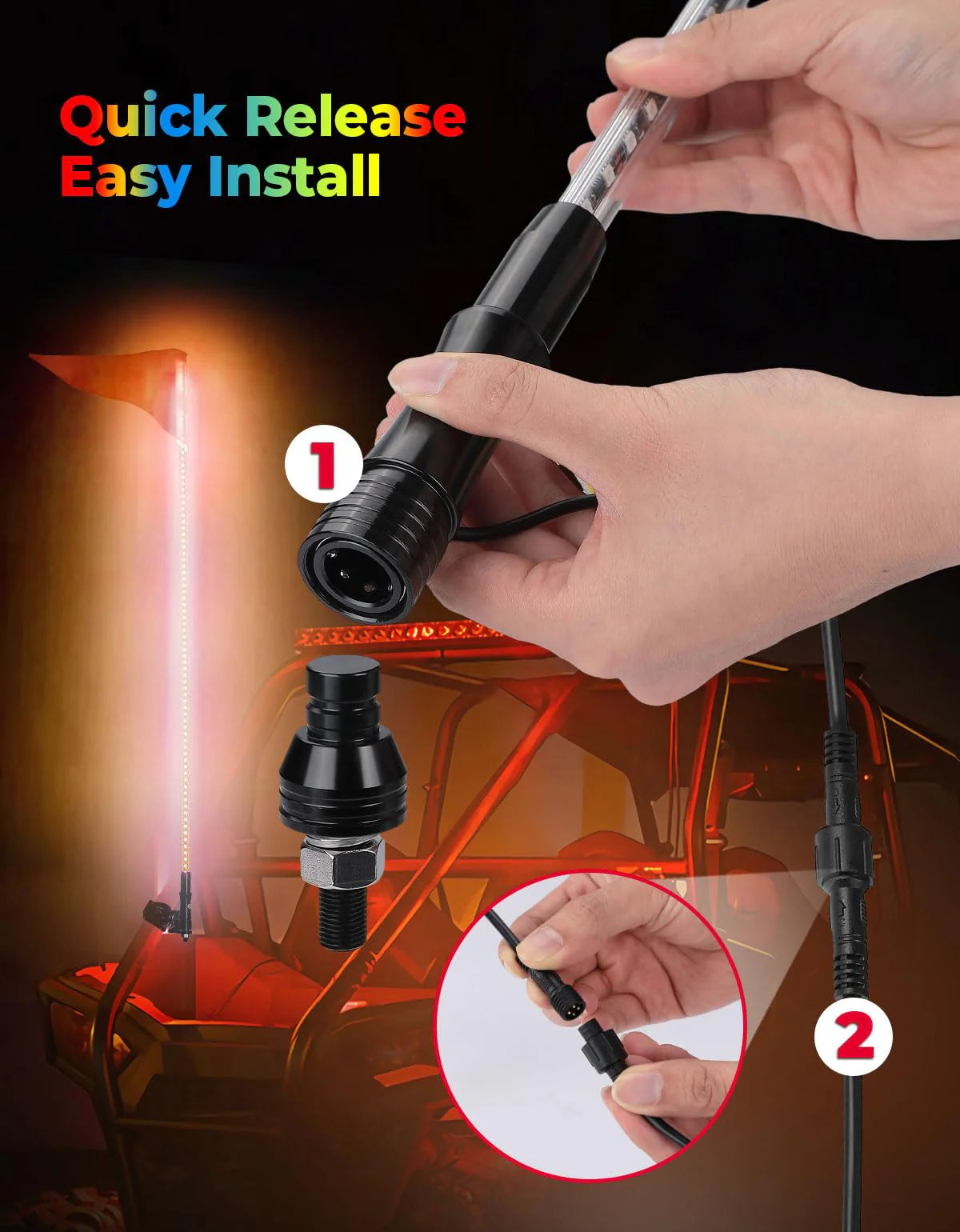 Kemimoto - 5 ft 2-piece LED Spiral Whip Lights w/USA Flags with RF Remote Control