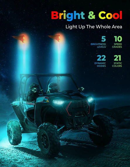 Kemimoto - 5 ft LED Whip Lights w/8-Pod Rock Light Kit, Bluetooth Control