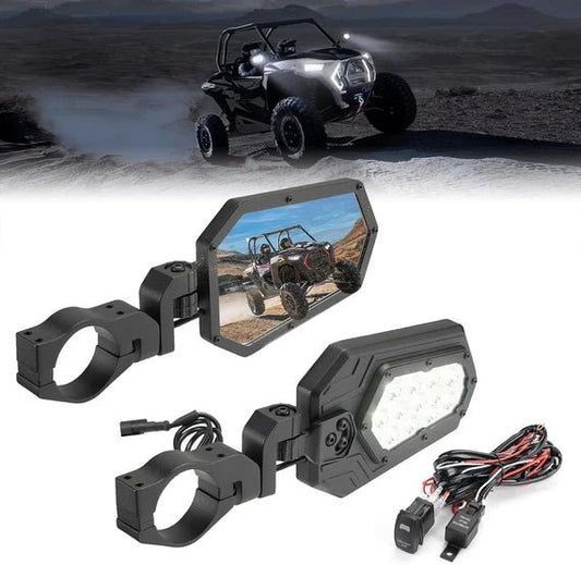 Aluminum UTV Side Mirrors Lights for Can Am Maverick X3/ RZR w/ 1.75" - 2" Roll Bar - 3 Star UTV