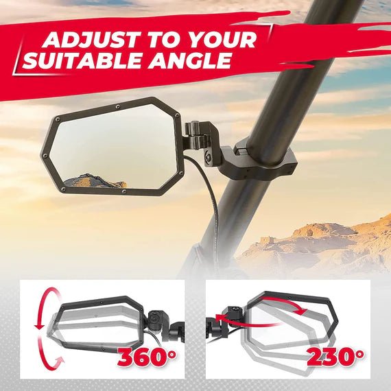 Aluminum UTV Side Mirrors Lights for Can Am Maverick X3/ RZR w/ 1.75" - 2" Roll Bar - 3 Star UTV