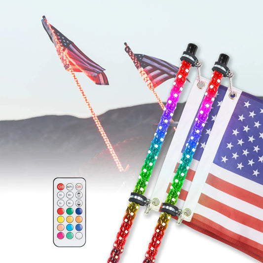 Kemimoto - 3 ft 2 - piece LED Spiral Whip Lights w/USA Flags with RF Remote Control - 3 Star UTV