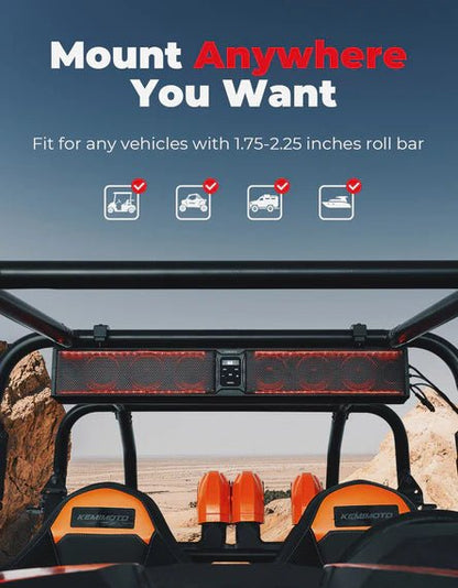 Kemimoto - 33 - inch 8 - Speaker RGB UTV Bluetooth Sound Bar for UTVs with 1.75" to 2.25" Roll Bars (Copy) (Copy) - 3 Star UTV