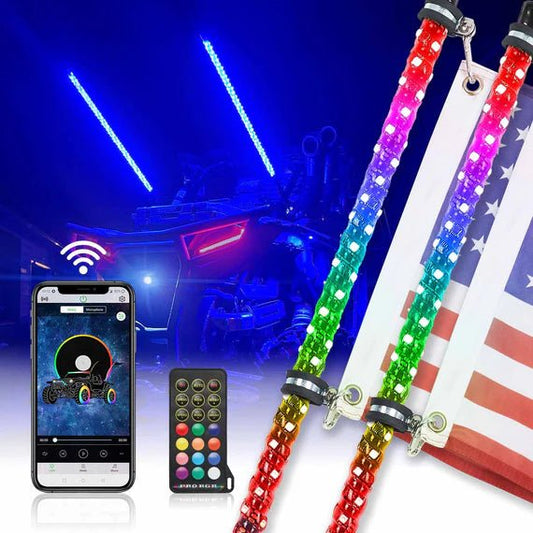 Kemimoto - 4 ft 2 - piece LED Spiral Whip Lights w/USA Flags, Bluetooth Control - 3 Star UTV