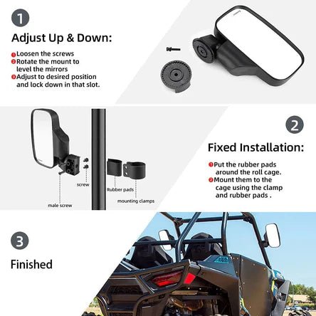 Side Mirrors and Center Mirror for Can Am Commander 1.75" to 2" Roll Bar - 3 Star UTV