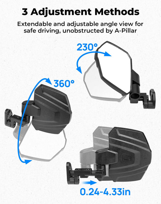 UTV Large Side Mirrors for Polaris Ranger/Crew XP 1000 2018-2025 - 3 Star UTV